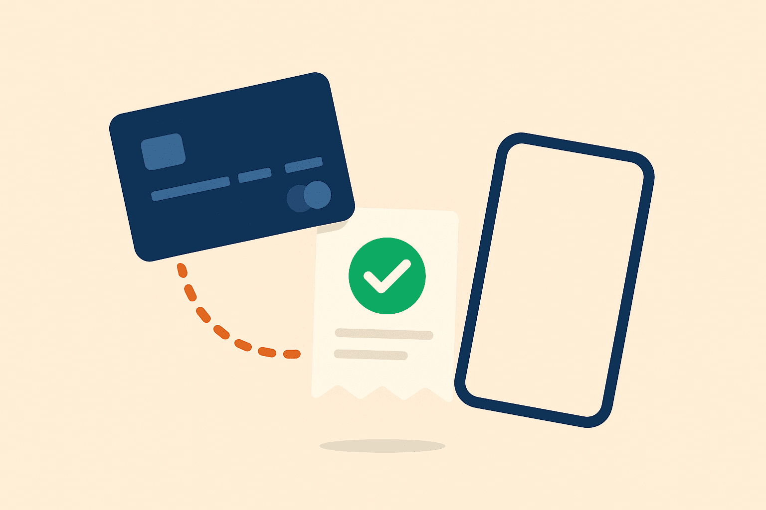 Ilustración de una tarjeta bancaria y un recibo conectados a un móvil
